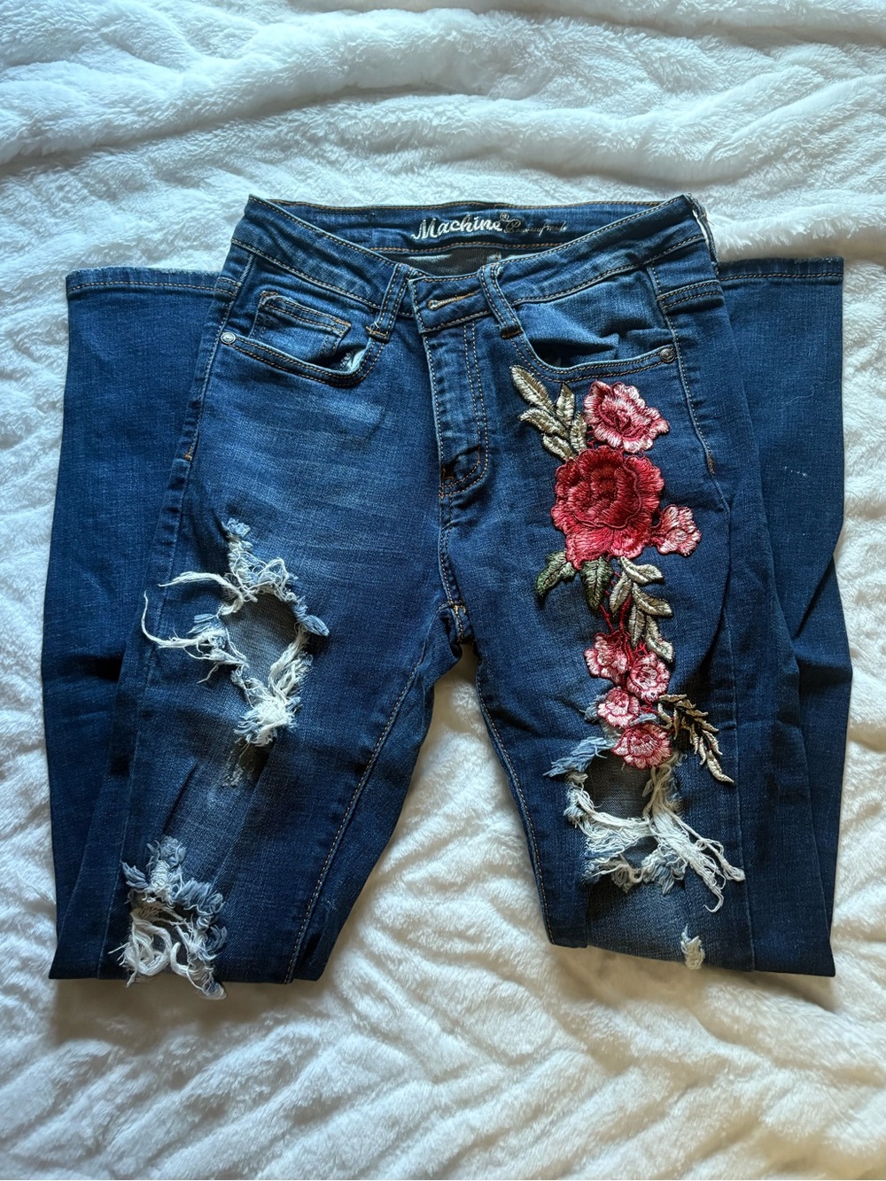 Machine Dark Blue Skinny Jeans with Red & Pink Floral Embroidery